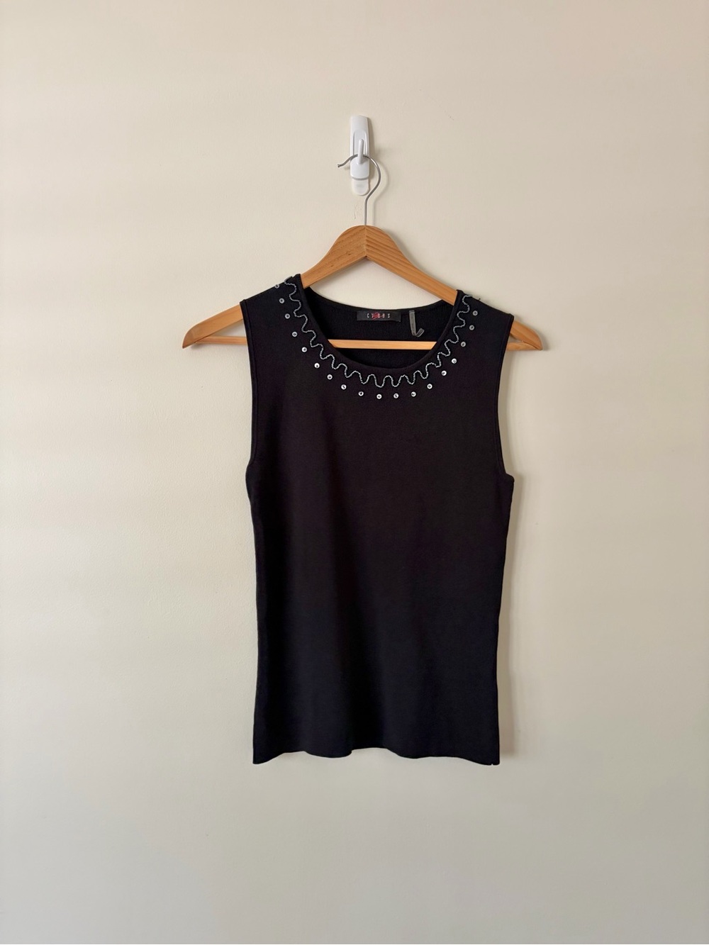 Cyrus Black Sleeveless Tank with Eyelet Scallop Neck